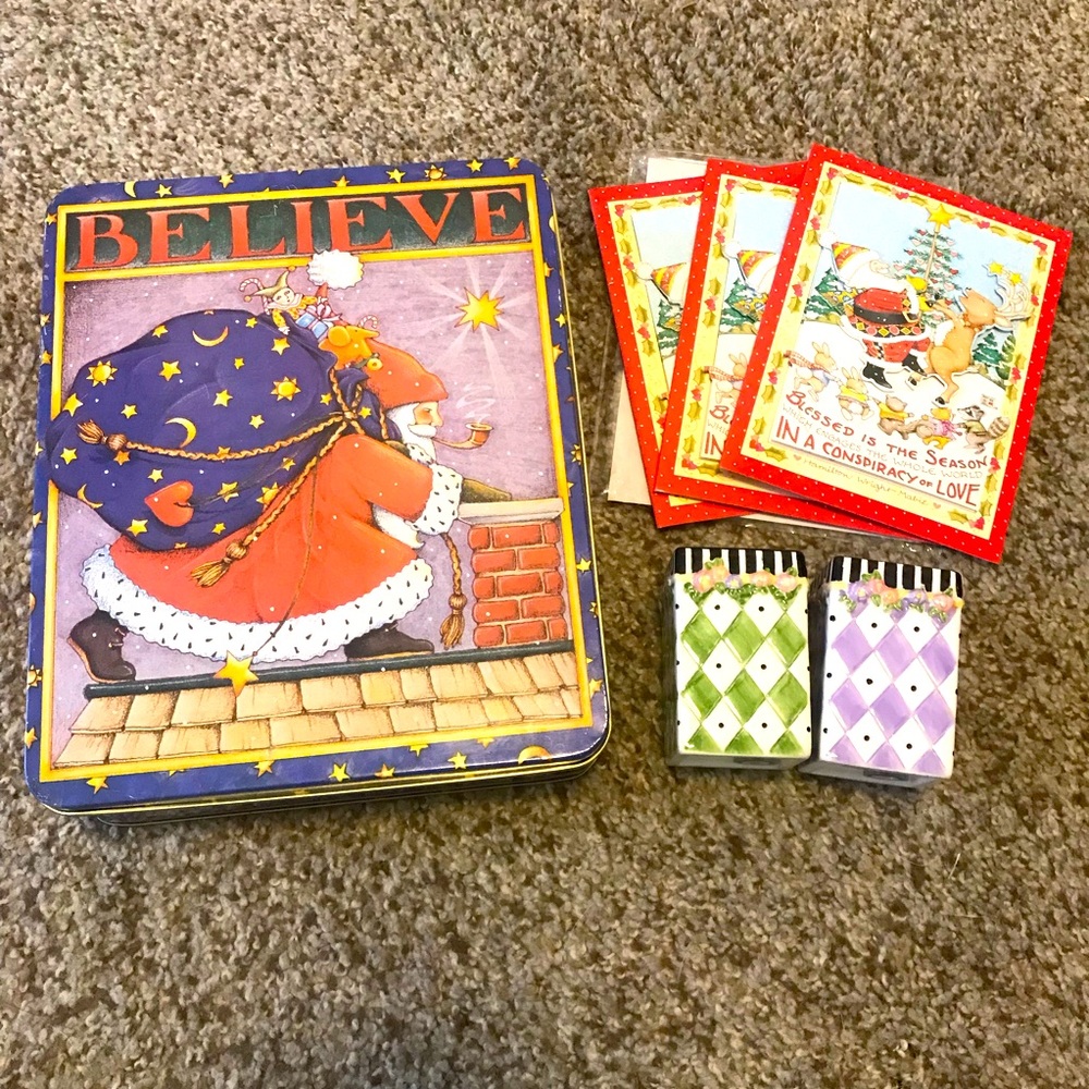 Vintage Mary Engelbreit lot tin Christmas cards salt and pepper